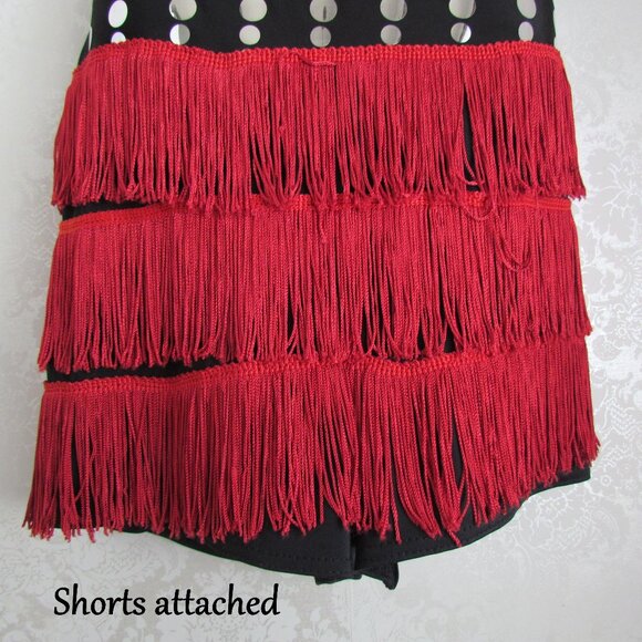 GIRL'S XL DANCE COSTUME, ROARING 20s FLAPPER WEISSMAN BLACK w RED FRINGE, EXTRAS - Picture 4 of 10